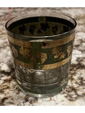 Lot of 7 Vintage MCM Cera Barware 22k Gold Green Grapes Low Ball Rocks Glass